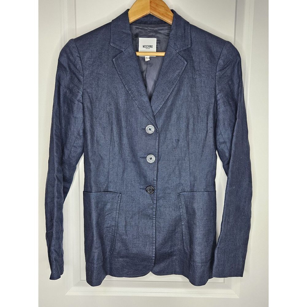 Moschino Jeans Women's Linen Blazer Size 6‎ Navy Blue Dark Academia